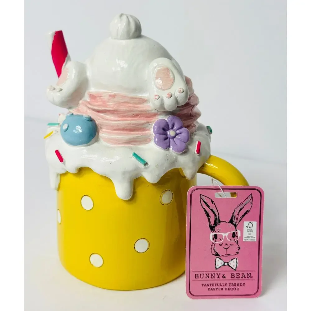 Bunny and Bean Cupcake Ice Cream in Coffee Mug Table Decor, Yellow Pink Pastel‎